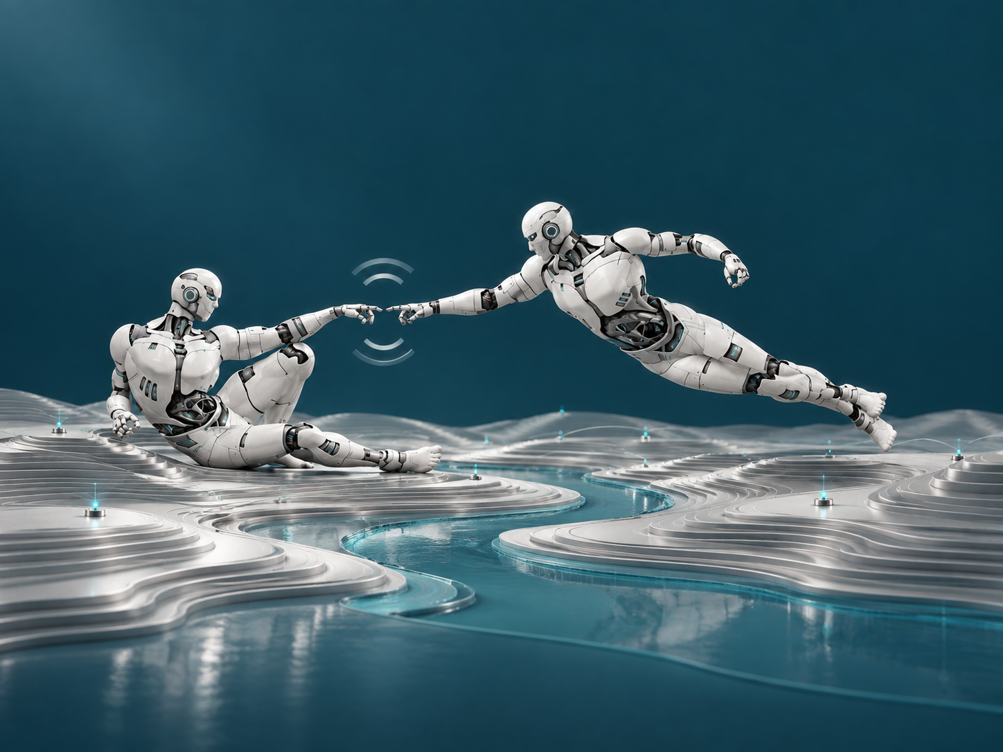 Illustrazione MiDo: due robot si connettono sopra un paesaggio astratto di acqua, territorio e sensori radio.